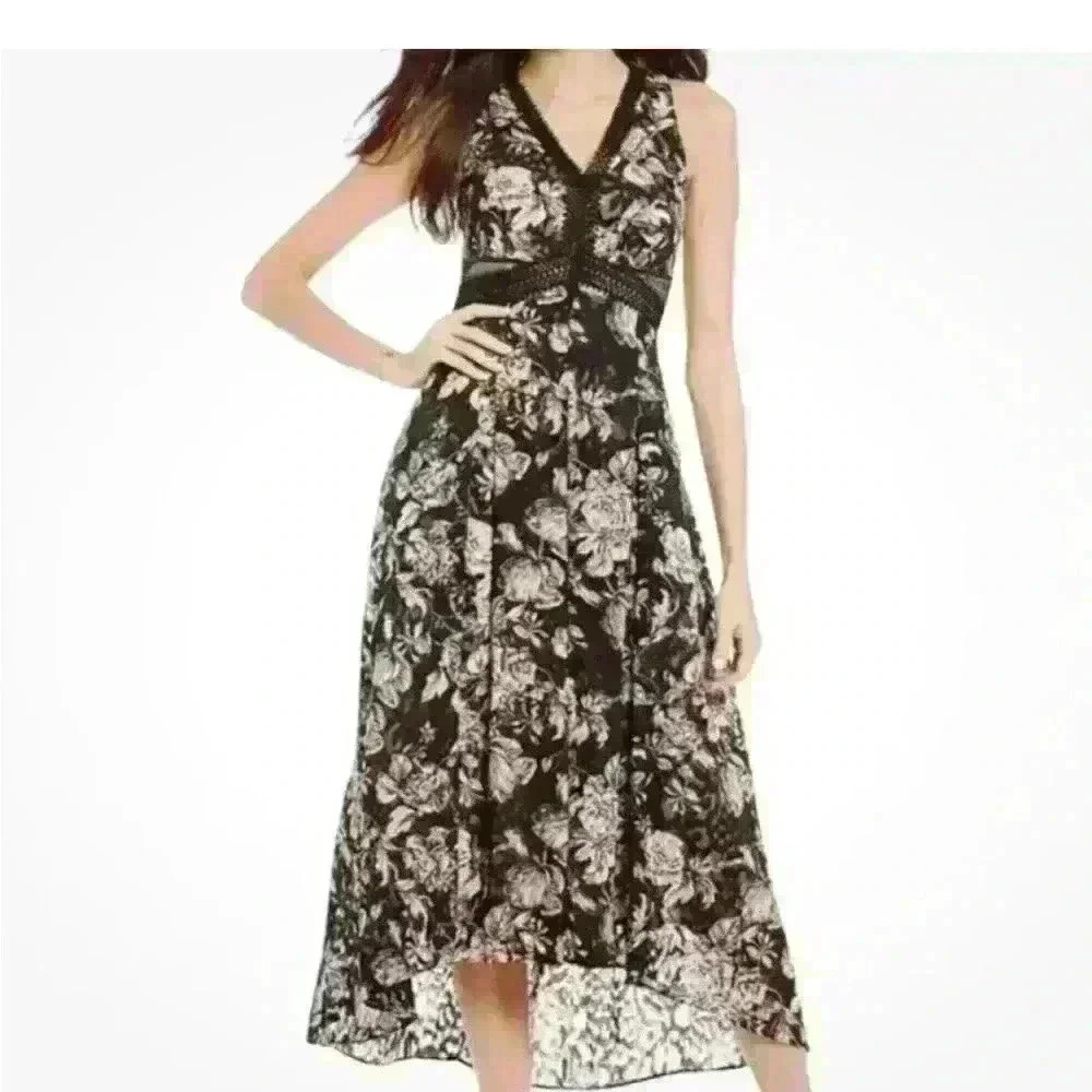 ANTONIO MELANI Black and White Floral High-Low Dress